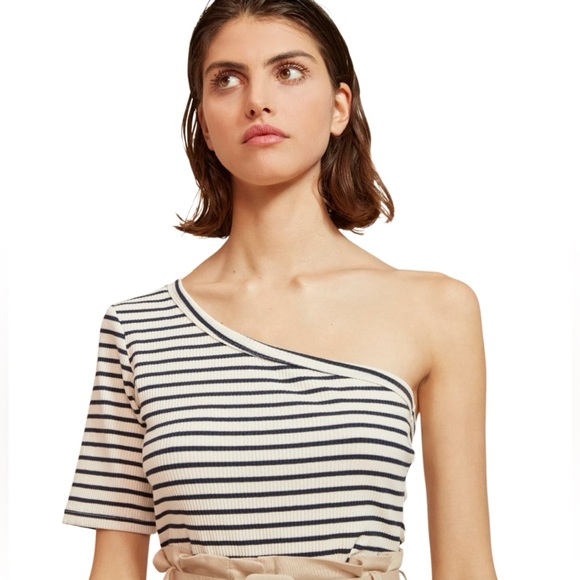 RITA ROW Ras Striped Blue Top One-Shoulder Size Large - Picture 8 of 15